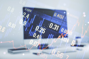 Abstract creative financial graph on modern laptop background, financial and trading concept. Multiexposure