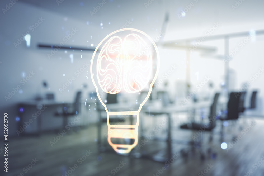 Aufkleber abstract virtual creative light bulb with human brain hologram on a modern furnished office interior