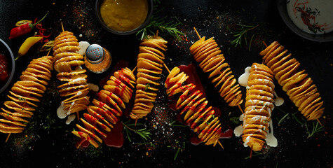 Delicious skewered salty fried tornado potatoes with paprika served with ketchup and chili sauce