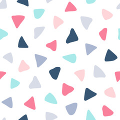 Childish seamless pattern. Scandinavian background. Pastel color patern. Repeated cute backdrop. Scandi style printed. Irregular triangles. Repeating triangle printing. Design baby prints. Vector - obrazy, fototapety, plakaty