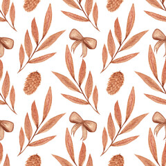 Watercolor autumn seamless pattern, leaves, pine cone and bow on a white background.