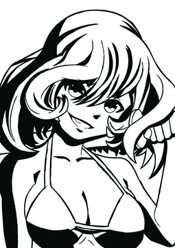Anime sexy manga girl with red hair and a katana, on the body of a dark purple bikini smiling ominously clutching a sword vector graphics manga style