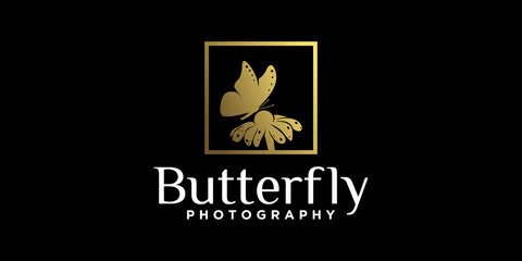 Fototapeta premium butterfly sucking flower logo design, beautiful animal in gold color