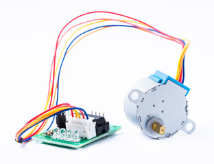 Stepper motor and controller for arduino isolated on white background.