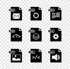 Set EML file document, RAW, DOC, TIFF, XSL, WMA, PHP and PSD icon. Vector