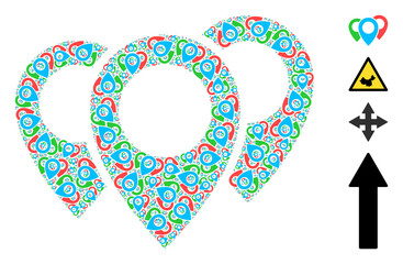 Vector map pointers mosaic is made from randomized recursive map pointers pictograms. Recursive mosaic for map pointers.