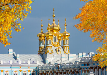 Resurrection church dome of Catherine palace in autumn, Tsarskoe Selo (Pushkin), Saint Petersburg,...