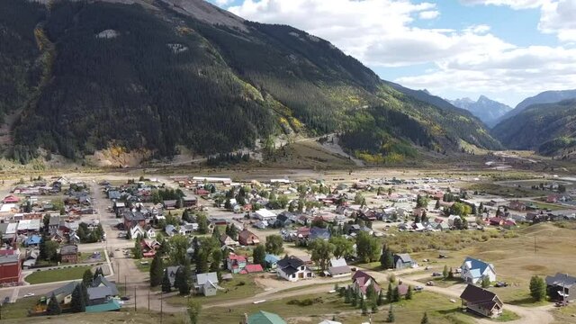 Aerial over the mining town of Silverton in Colorado surrounded by beautiful mountain ranges