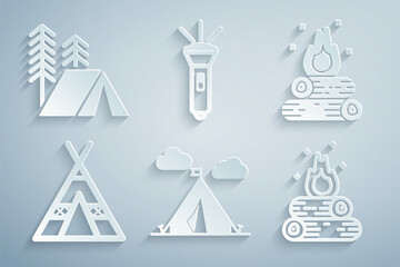 Set Tourist tent with flag, Campfire, Flashlight and icon. Vector