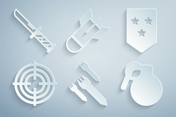 Set Rocket, Chevron, Target sport, Hand grenade, Aviation bomb and Military knife icon. Vector