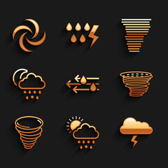 Set Wind and rain, Cloud with snow, rain, sun, Storm, Tornado, moon, and icon. Vector