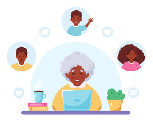 Happy granny having video call with children. Grandmother communicating online using laptop. Vector illustration