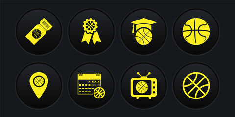 Set Location with basketball ball, Basketball, sport calendar, match tv, training, award, and game ticket icon. Vector