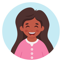 Girl with braces on teeth. Elementary school student. Little girl portrait in circular frame. Vector illustration