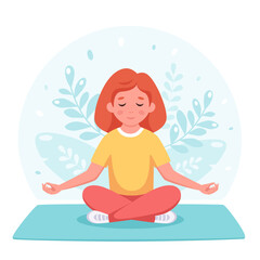 Obraz na płótnie Canvas Girl meditating in lotus pose. Gymnastic, yoga and meditation for children. Vector illustration