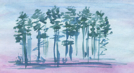 Bautiful landscape with forest piece in blue, purple and lilac shades. Hand drawn watercolor painting.