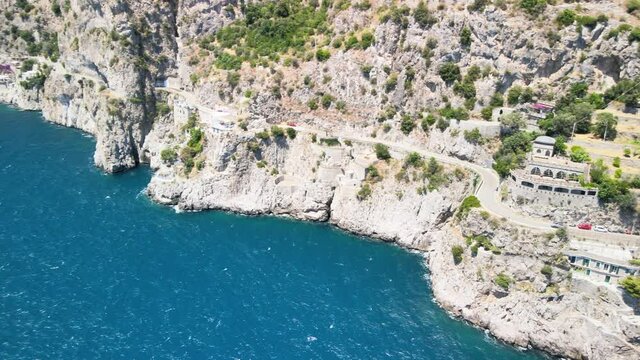 Aerial view of Furore Fjord from a drone, Amalfi Coast, Italy