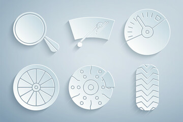 Set Car brake disk with caliper, Speedometer, wheel, tire, Windscreen wiper and mirror icon. Vector