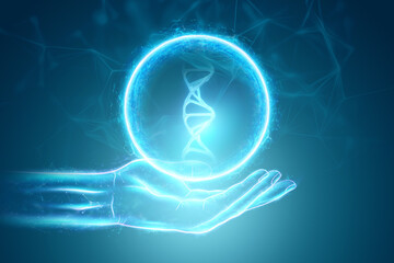 Glowing hologram of DNA molecule in the hand of a businessman on a blue background. Medical technology concept, science, biotechnology. Copy space. 3d render, 3d illustration