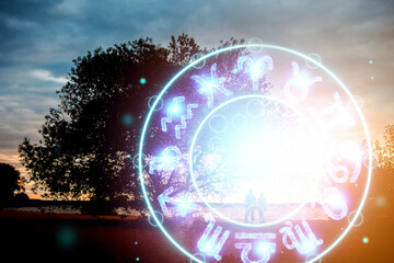 Horoscope concept, couple guy and girl on the background of a circle with the signs of the zodiac, astrology. Conceptual photo of a couple with perfect match between the signs of the zodiac.