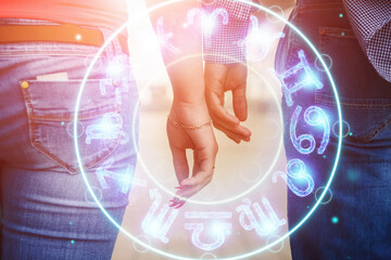 Horoscope concept, couple guy and girl on the background of a circle with the signs of the zodiac, astrology. Conceptual photo of a couple with perfect match between the signs of the zodiac.