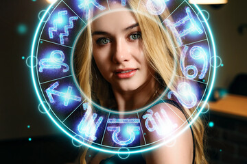 Horoscope concept, portrait of a beautiful girl on a background of a circle with the signs of the...