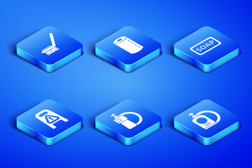 Set Dishwashing liquid bottle and plate, Brush for cleaning, Wet floor progress, Paper towel roll and Bar of soap icon. Vector