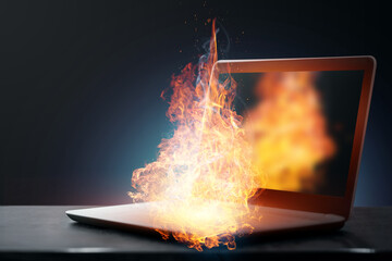 the laptop caught fire during operation, overheated from heavy loads.