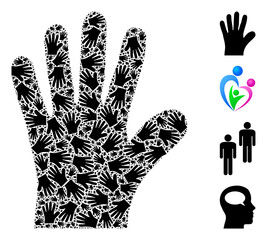 Vector hand palm fractal is constructed of scattered fractal hand palm icons. Fractal mosaic of hand palm.