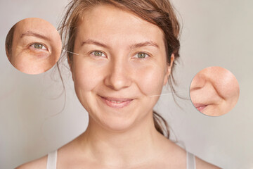Pretty mature girl. Before and after portrait. Anti wrincle healthy therapy. Black circle under...
