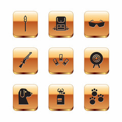 Set Medieval spear, Dog, Camping gas stove, Cartridges, Shotgun, Glasses, Paw print and Hiking backpack icon. Vector