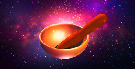 Tibetian bowl on dark shining galaxy background. Spiritual symbol vector realistic illustration