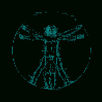 Halftone font illustration of Vitruvian Man. The proportions of the human body in circle