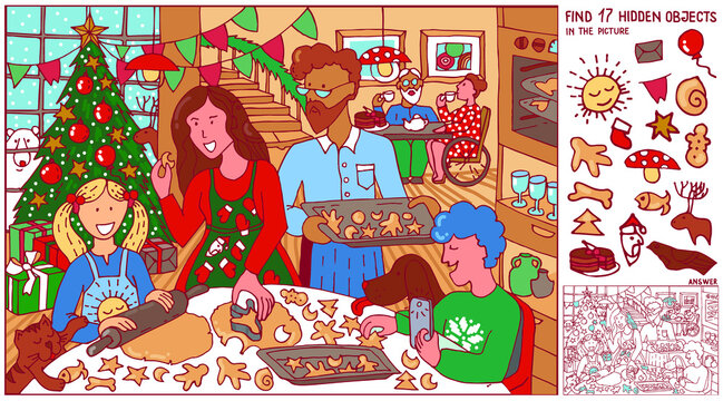 Christmas Puzzle Hidden Objects. Happy Family Cooking In Kitchen. Parents And Children Together  Bake Cookies. Son Captures Moments On The Phone. Logic Game. Grandparents Drink Tea. Hand Drawn Vector