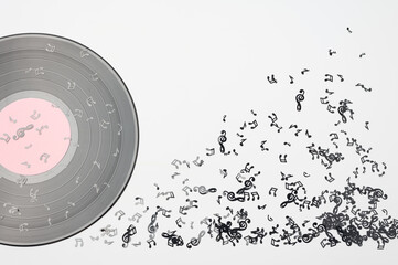 Obraz premium Vinyl record, wooden notes on a red background. Retro, music.