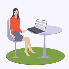 Girl writer, journalist ponders over the text at the working table, characteristic, - vector.