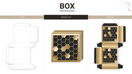 Bee hexagon box packaging and mockup die cut template