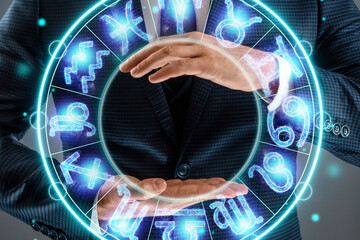 Horoscope concept, man on the background of a circle with the signs of the zodiac, astrology....