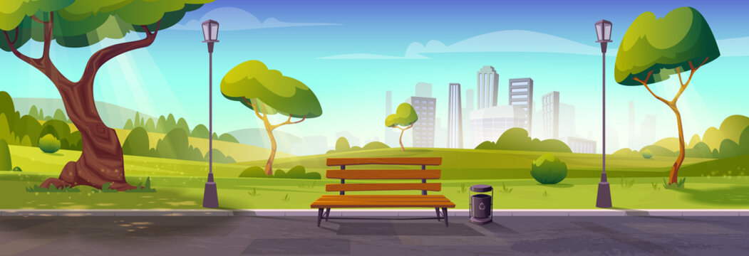 Summer park with bench,trees,walking path and lamp posts. Landscape with skyline cityscape house buildings on background
