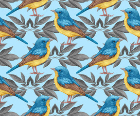 Seamless Pattern with hand-drawn Blue Flycatcher and plants, digitally colored
