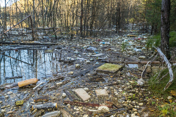 heaps of construction waste, household waste, foam and plastic bottles on the shore of a forest lake, environmental pollution problems