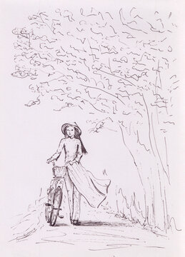 Black and white ink painting of a girl in traditional Vietnamese dress Ao Dai. Vertical artwork. Young woman with a bike in Vietnam. Vintage Asian landscape for card, travel poster, book illustration.