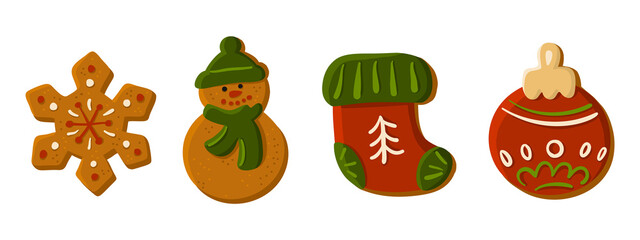 Set of Christmas tasty homemade cakes. Gingerbread cookie collection. Happy New Year cute illustration isolated on white background. Vector