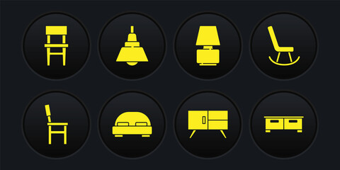Set Chair, Armchair, Big bed, Chest of drawers, Table lamp, Chandelier, and icon. Vector