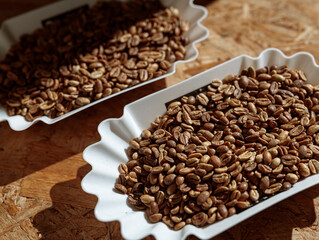Bowls of roasted coffee beans on table