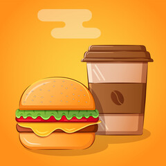 Burger with lettuce, tomato, cheese, meat with a cup of coffee on a yellow background