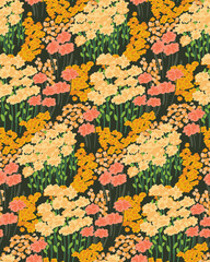 Seamless pattern with flowering meadow. Multi-colored flowers and herbs are densely arranged against a dark background. Artistic floral print. Vector.