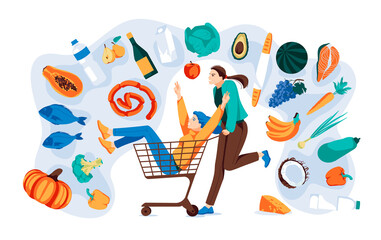 two girls ride in supermarket trolley with many goods, drinks, fresh fruits and vegetables around them. Supermarket and grocery store concept, Flat vector illustration