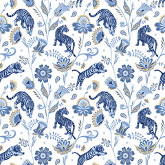 Blue nordic tigers and abstract folk flowers and leaves. Vector seamless pattern