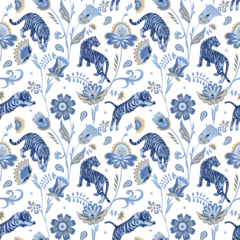 Foto op Aluminium Blue nordic tigers and abstract folk flowers and leaves. Vector seamless pattern © ArtPavo